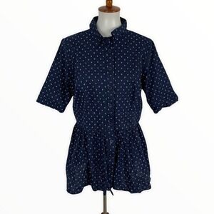 Zapelle Navy Blue Anchor Print Button Front Drawstring Waist Top XL
